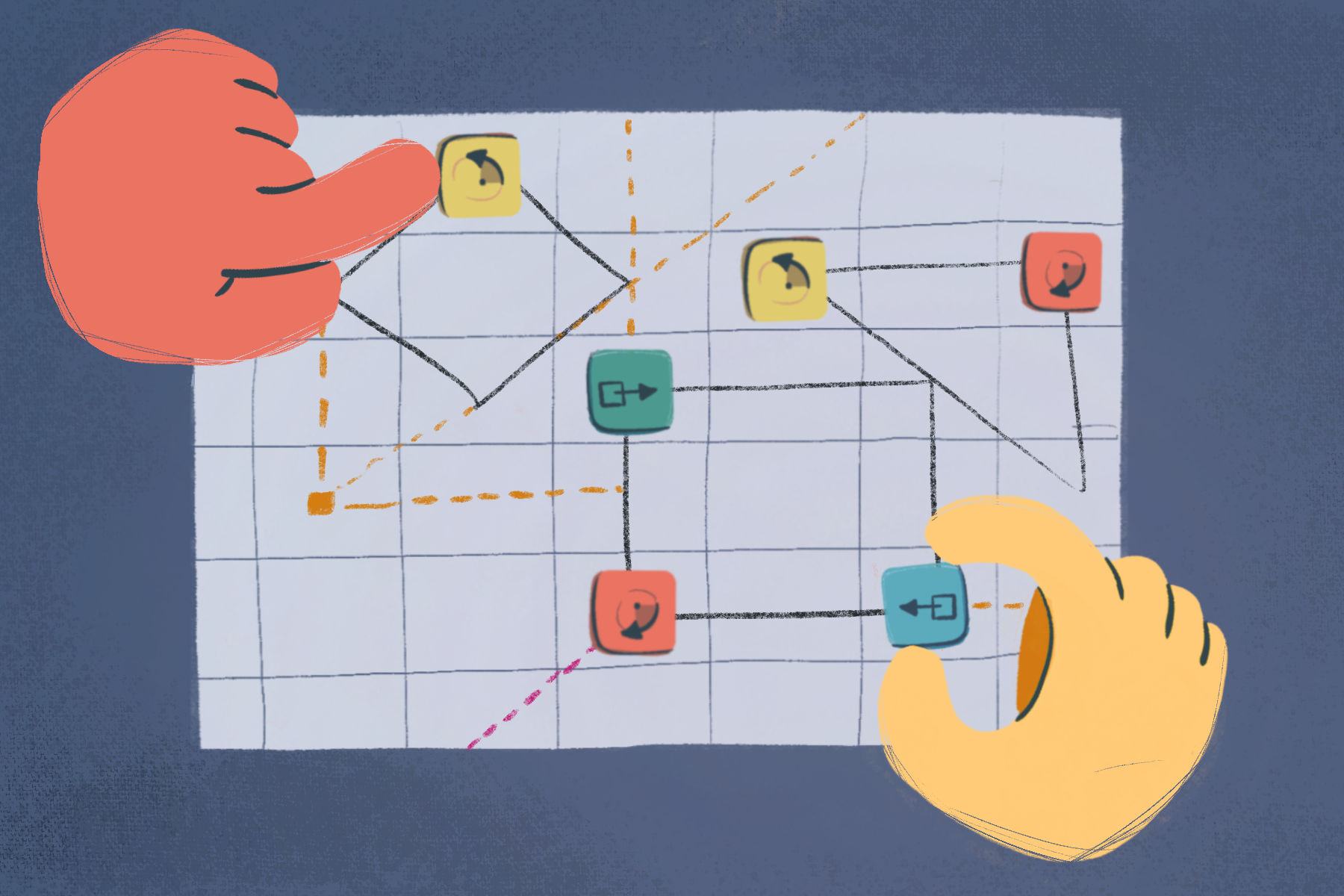 An illustraton showing two hands and three shapes including a rectangle, diamond, and a triangle with action blocks.